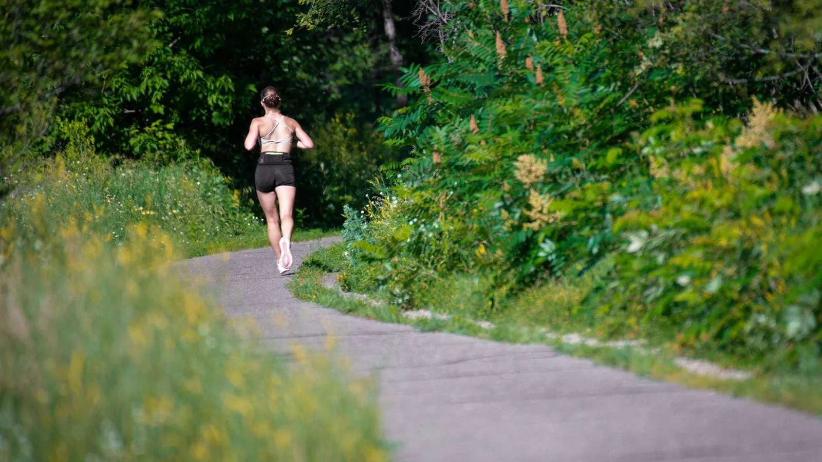 Läuferin joggt von hinten gesehen auf einem geschwungenen Weg durch grünes Gebüsch